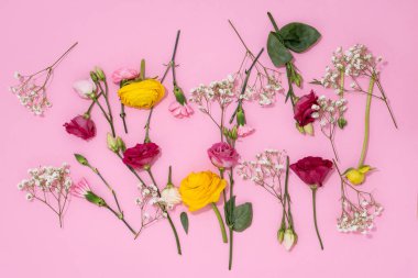 Neşeli bir görüntü için pembe bir zemine yayılmış canlı çiçekler..