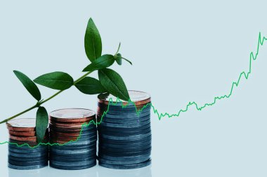 Yeşil santrali ve yükselen finansal grafiği olan paralar, çevre dostu yatırımların artan değerini temsil etmektedir..