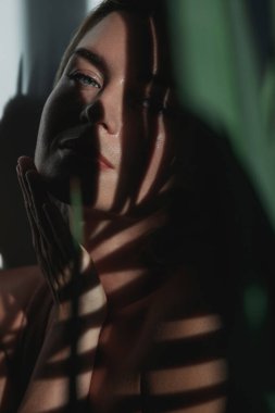 Sarı saçlı genç bir kadın güneş ışığında bir palmiye yaprağı tutuyor..