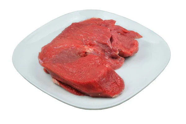 Мясо Говядины Пластине Изолированы Белом Фоне Неприготовленное Мясо Приготовления Пищи — стоковое фото