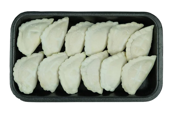 生瓦伦尼克土豆填充在白底板上 乌克兰传统烹饪 横向方向 顶部视图 — 图库照片