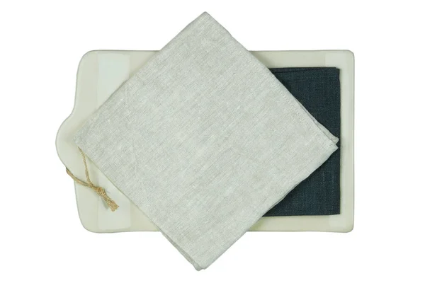 Kitchen Board Textile Beige Towel Isolated White Background Ceramic Dinnerware — Stock Photo, Image