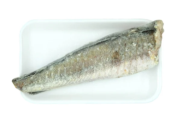 Ψάρια Κατεψυγμένα Μπακαλιάρος Μερλούκιος Πιάτο Που Απομονώνεται Λευκό Φόντο Άνω — Φωτογραφία Αρχείου