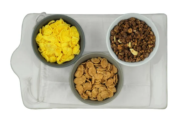 Variedade Cereais Pequeno Almoço Muesli Taças Isoladas Sobre Fundo Branco — Fotografia de Stock