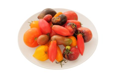 Seramik tabakta domatesler beyaz arka planda izole edilir. Kırsal kesimde çeşitli tatlı sebzeler. Sulu çiğ domates..