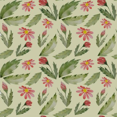 Elle boyanmış kırmızı çiçekler ve yeşil arka planda yemyeşil yapraklar içeren kusursuz bir desen. Bu zarif botanik tasarımı kumaş baskıları ve duvar kağıtları için mükemmel.