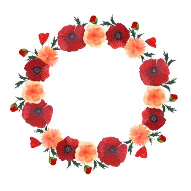 Kırmızı gelincikler, turuncu güller ve narin yapraklar içeren zarif suluboya çelenkler. Düğün davetiyeleri, tebrik kartları, mevsimlik dekorlar ve sanatsal tasarımlar için mükemmel.