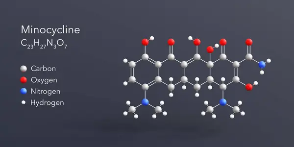 Minociklin Molekula Renderelés Lapos Molekuláris Szerkezet Kémiai Képlettel Atomok Színkódolása — Stock Fotó
