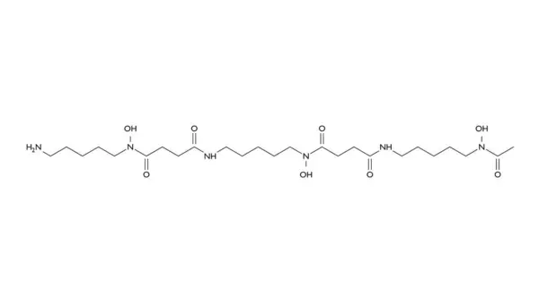 デフェロキサン分子 構造化学式 ボールアンドスティックモデル 孤立したイメージデフェリオキサミン — ストック写真