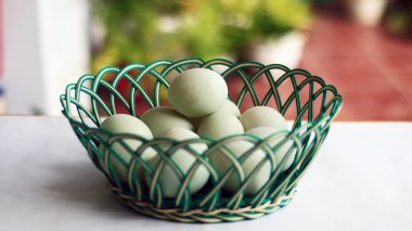 Duck eggs in a basket. Ready to cook. clipart