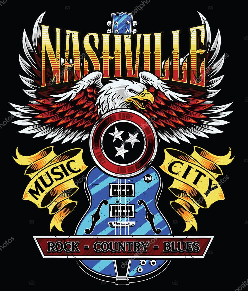 Vintage Retro Nashville Eagle Rock Concert Tee Vector Design.
