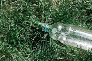 Ekoloji konsepti. Plastik şişeler çimenlere atılır.