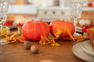 Sonbahar mutfağı. Kırmızı ve sarı yapraklar ve balkabakları açık arkaplanda. Yemek masasını servis ediyorum.