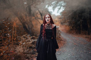 Gotik kadın, sonbahar ormanında kızıl saçlı cadı, siyah elbiseli sis, Cadılar Bayramı. Mistik atmosfer