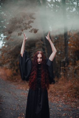 Gotik kadın, sonbahar ormanında kızıl saçlı cadı, siyah elbiseli sis, Cadılar Bayramı. Mistik atmosfer