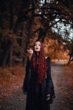 Cadı gibi giyinmiş siyah elbiseli kızıl saçlı kadın portresi, gotik. Cadılar Bayramı, sonbahar ormanı
