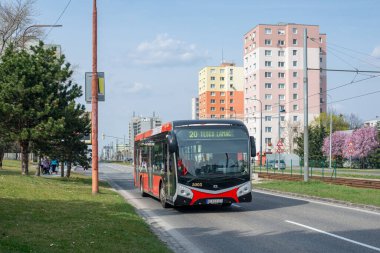 BRATISLAVA, SLOVAKIA 29 Mart 2022. Elektrik otobüsü SOR NS 12 Elektrik # 3003 Bratislava sokaklarında yolcularla birlikte.