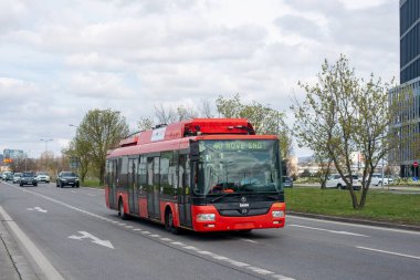 BRATISLAVA, SLOVAKIA - April 03, 2022. Trolleybus Skoda 30TrDG SOR #6112 riding with passengers in the streets of Bratislava.