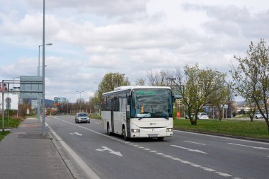 BRATISLAVA, SLOVAKIA - April 03, 2022. Bus Irisbus Crossway 10.6M riding with passengers in the streets of Bratislava.