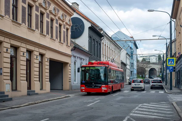 BRATISLAVA, SLOVAKIA - April 03, 2022. Trolleybus Skoda 30Tr SOR #6012 riding with passengers in the streets of Bratislava.