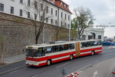 BRATISLAVA, SLOVAKIA - April 23, 2022. Trolleybus Skoda-Sanos 200Tr #6505 riding with passengers in the streets of Bratislava.