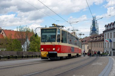 BRATISLAVA, SLOVAKIA - April 24, 2022. Trams Tatra T6A5 #7941 and 7942 riding with passengers in the streets of Bratislava.