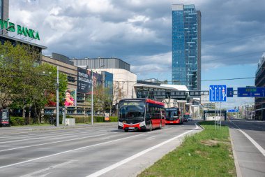BRATISLAVA, SLOVAKIA - April 24, 2022. Electric bus SOR NS 12 Electric #3008 and bus Otokar Kent C 18,75 #3339 riding with passengers in the streets of Bratislava.