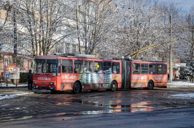 CHERNIVTSI, UKRAINE - January 06, 2020. Trolleybus Skoda 15Tr #356 (ex. Bratislava #6605) riding with passengers in the streets of Chernivtsi.