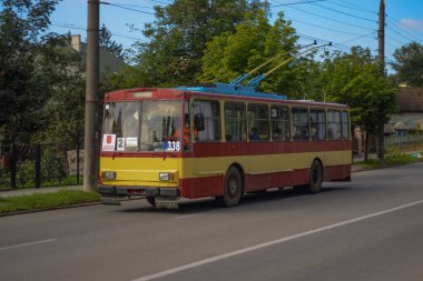 CHERNIVTSI, UKRAINE - August 01, 2020. Trolleybus Skoda 14Tr #338 (ex. Plzen #381) riding with passengers in the streets of Chernivtsi.