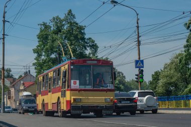CHERNIVTSI, UKRAINE - August 04, 2020. Trolleybus Skoda 14Tr #338 (ex. Plzen #381) riding with passengers in the streets of Chernivtsi.