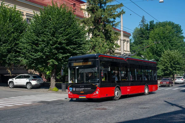 CHERNIVTSI, UKRAINE - July 12, 2023. Trolleybus PTS T12309 (Akia) #506 riding with passengers in the streets of Chernivtsi.