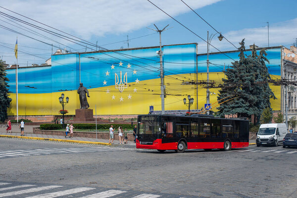 CHERNIVTSI, UKRAINE - July 13, 2023. Trolleybus LAZ E183 #348 riding with passengers in the streets of Chernivtsi.
