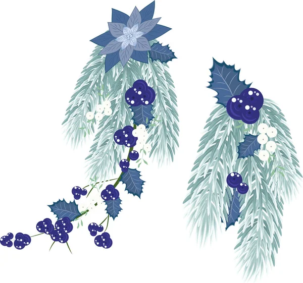 Świąteczna Kompozycja Kwiatowa Gotowe Perfumy Niebieską Poinsetcją Jemiołą Niebieskimi Jagodami — Wektor stockowy