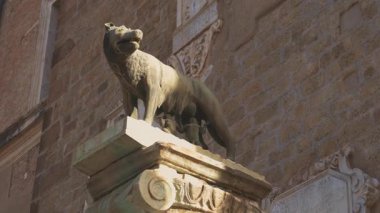 ROME, ITALY - 1 Ağustos 2024: görkemli bir dişi kurt heykeli Alacakaranlık 'taki büyüleyici bir İtalyan meydanında gururla duruyor.
