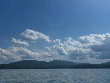 Büyüleyici bulut örtülü ada ormanı. Sakin, atmosferik, doğal güzellik..