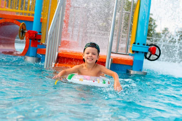 Little Cute Boy Swimming Entertaining Children Playground Pool Water Park — Stock Photo, Image