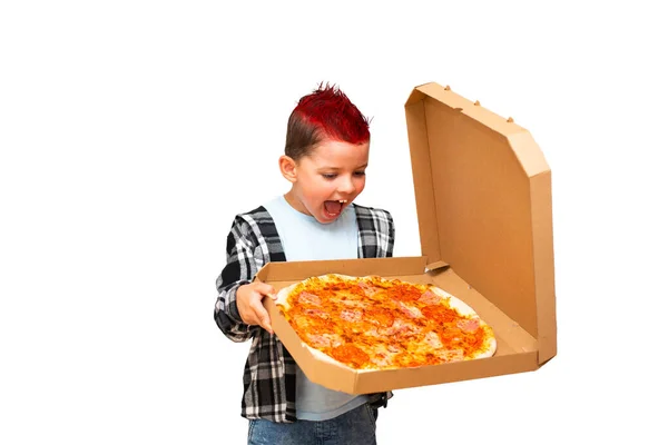 Siedmioletni Chłopak Stylu Punk Rocka Czerwonym Irokezem Głowie Czarno Białą — Zdjęcie stockowe