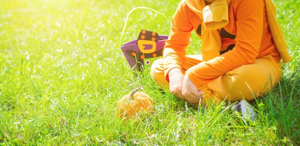 : Wide photo of a Child boy in an orange pumpkin costume with a bag of candy and a pumpkin sits outside on the green grass in the halloween holiday