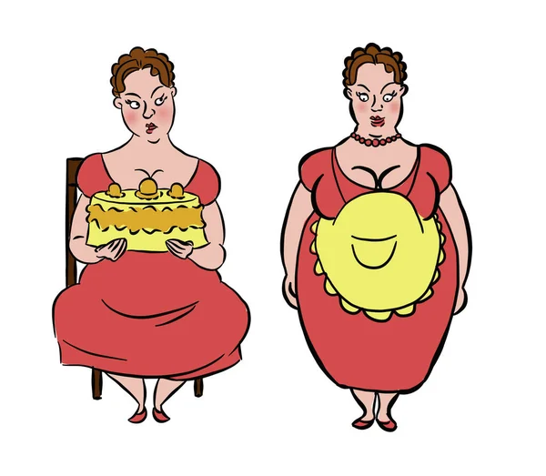 Fat Woman Housewife Fat Woman Apron Stands Sits Cake Holds — Stock Photo, Image