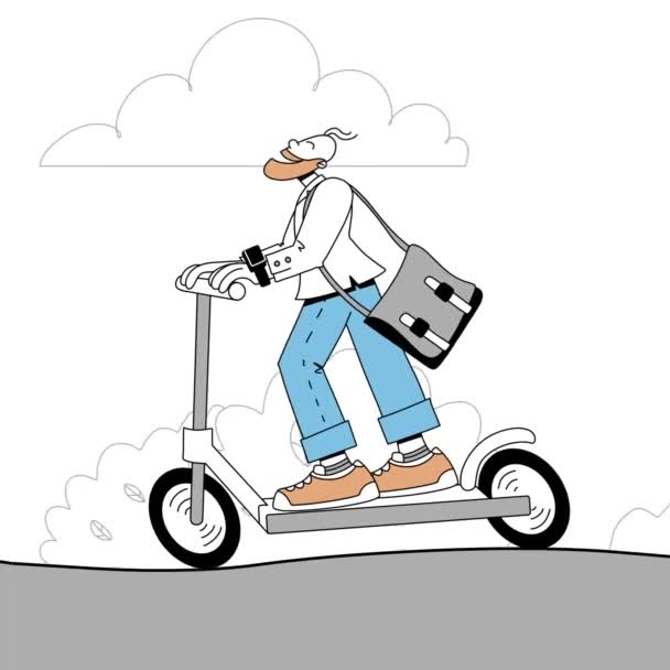 Mobiletli Bir Hippi Sakallı Şık Bir Adam Elektrikli Scooter Kullanıyor — Stok video