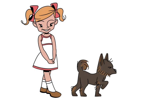 Elbiseli Bir Kız Küçük Bir Köpek — Stok fotoğraf