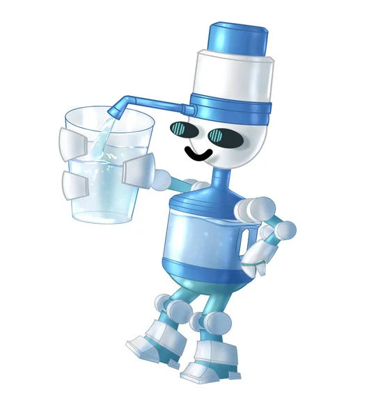 Ρομπότ Ρίχνει Νερό Ένα Ποτήρι Χαρακτήρα Κινουμένων Σχεδίων Του Μπλε — Φωτογραφία Αρχείου