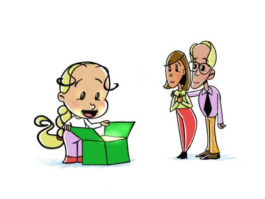 Anne ve baba küçük kızlarına bir hediye yaparlar. Küçük bir kız hediyesini açıyor..