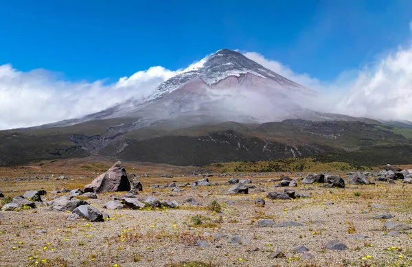灰を投げ捨てているコトパキシ火山は その円錐形の側面の1つが完全にそれに覆われています 移動雲をキャプチャするためにNdフィルターで撮影した写真 エクアドル国立公園 — ストック写真