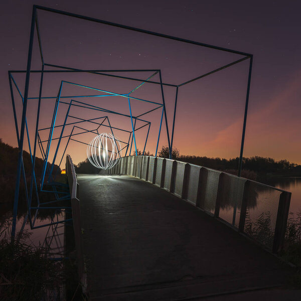Light painting on a bridge - white ball light painting — Stock Image Light Painting Bridge White Ball Light Painting Royalty Free Stock Photos