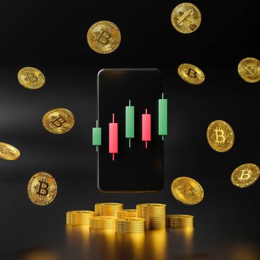 Akıllı telefon ve şamdanlı bitcoin yığını, 3D illüstrasyon