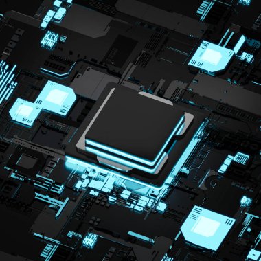 Isometric processor chip, smart microchip, 3D illustration
