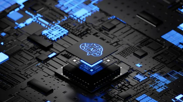 Isometric artificial intelligence processor chip, smart microchip, 3D illustration