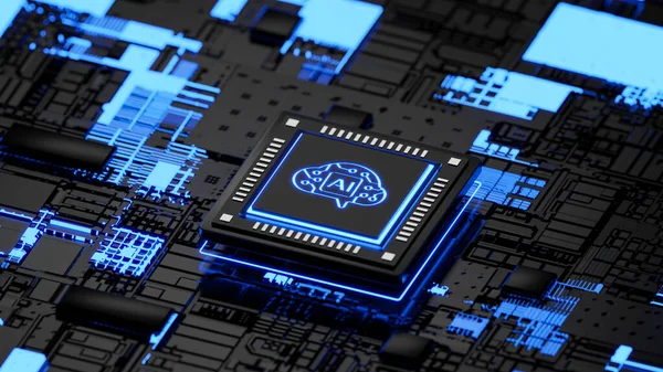Isometric artificial intelligence processor chip, smart microchip, 3D illustration