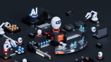 Kontrol merkezinde yapay zeka, akıllı asistan, geleceğin teknolojisi, 3D illüstrasyon
